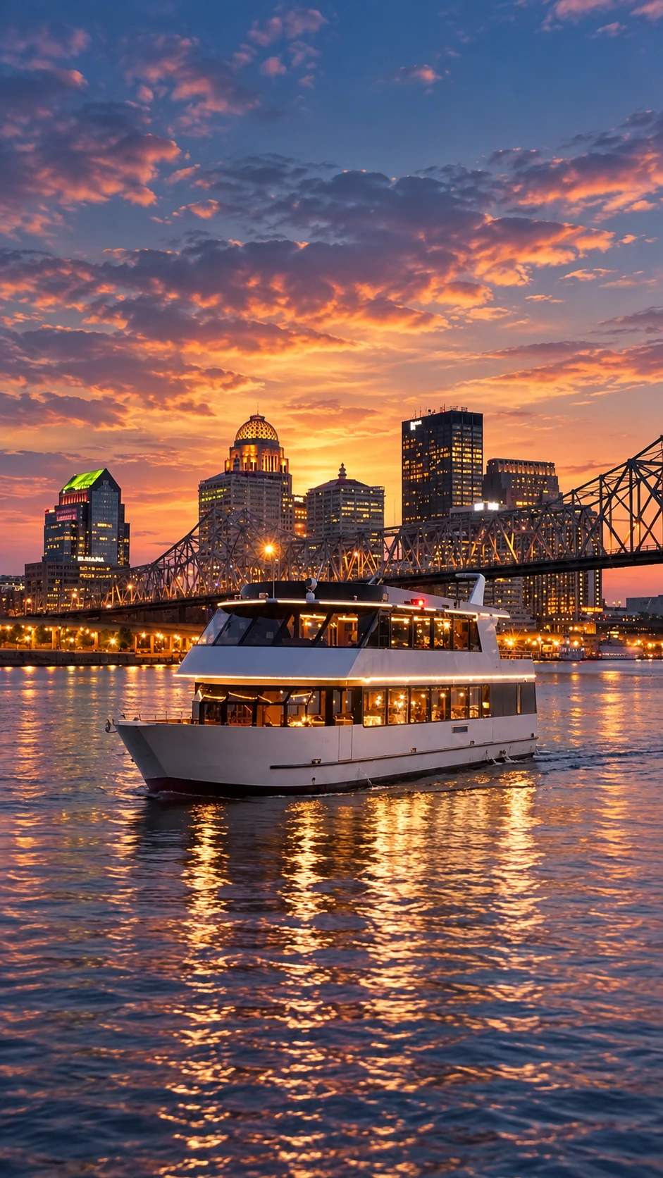 Un barco iluminado sobre el río al atardecer