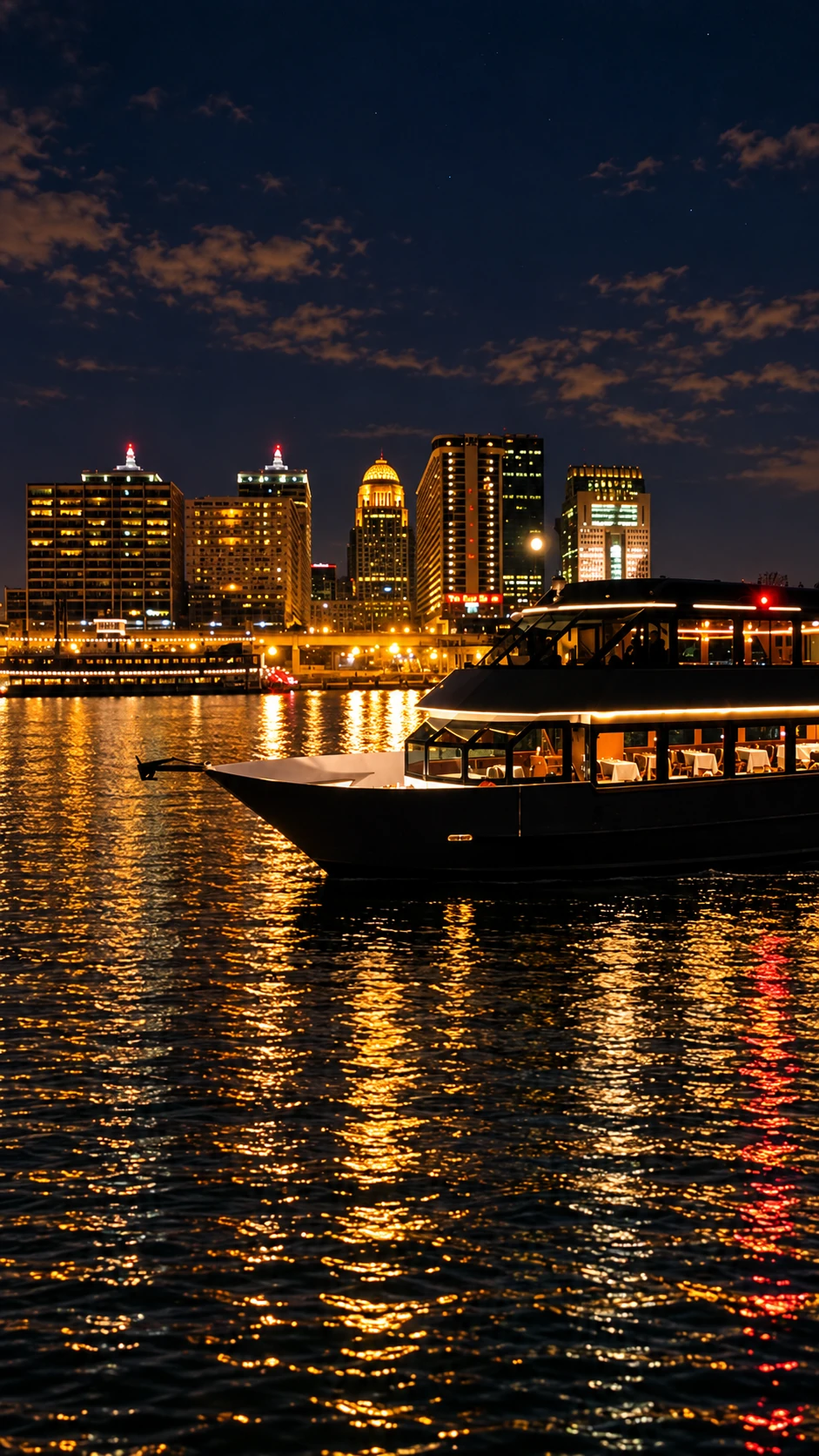 El barco y las luces de Louisville reflejadas sobre el agua