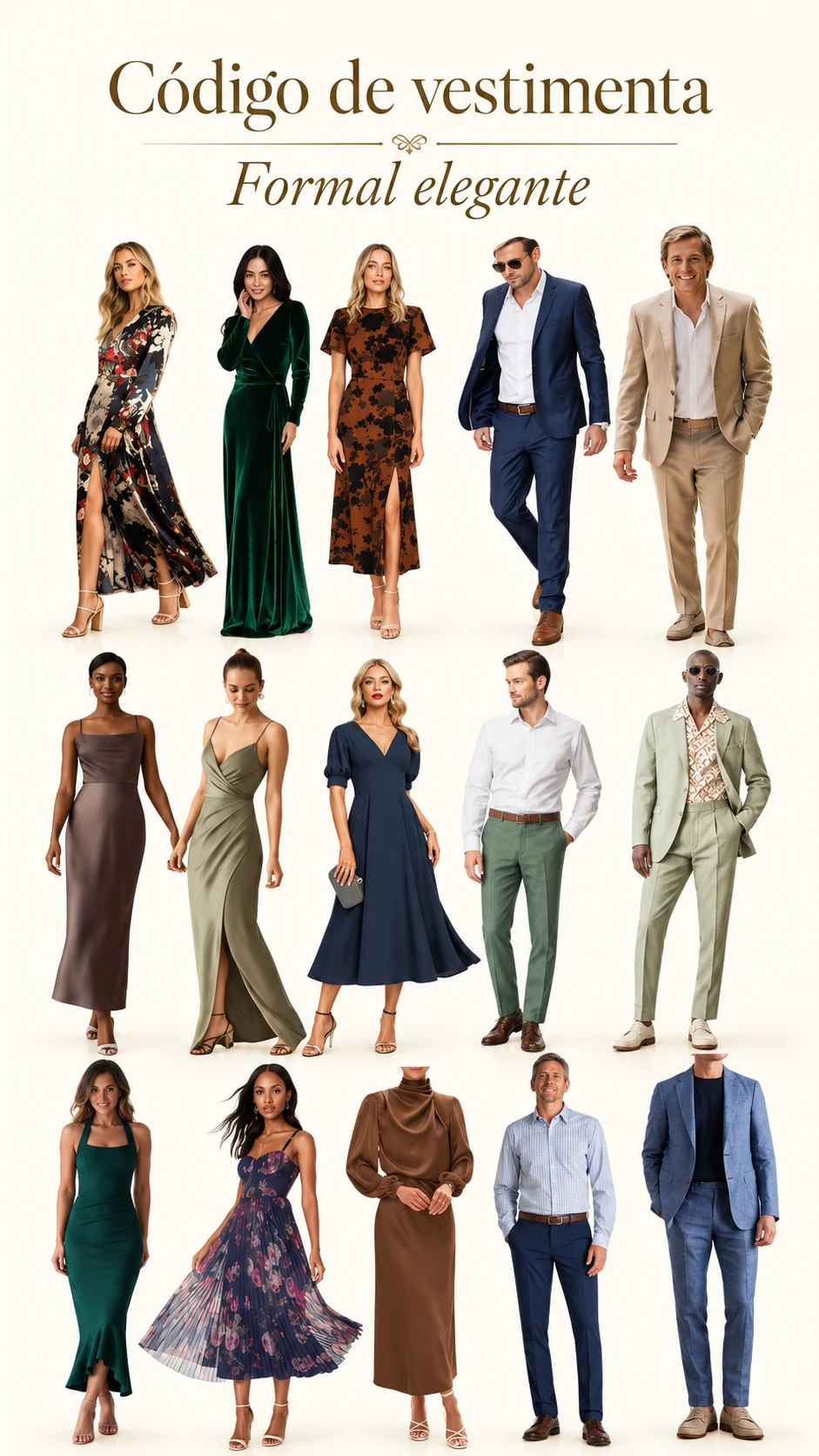 Ideas de vestimenta: vestidos elegantes y conjuntos de traje o camisa con pantalón de vestir, en distintos colores